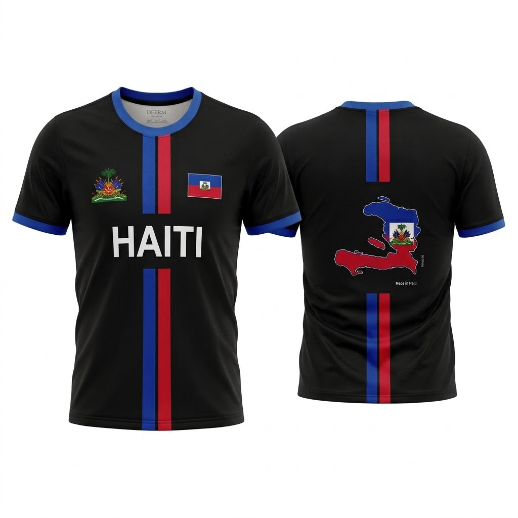 Svart Haiti landslagströja med blå och röda ränder, vit text HAITI och karta över Haiti på ryggen