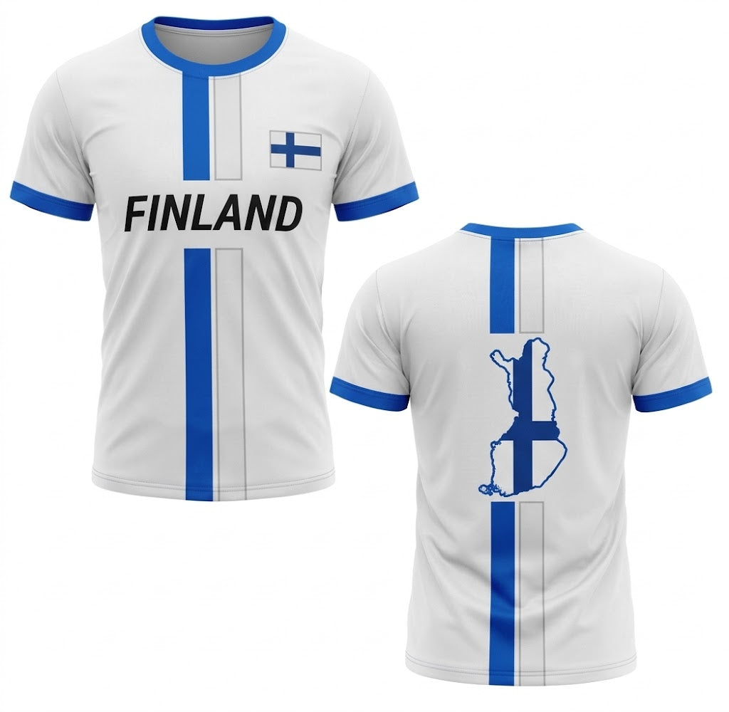 Vit Finland landslagströja med blå ränder, svart text FINLAND och karta över Finland på ryggen
