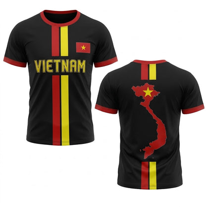 Svart Vietnam landslagströja med röda och gula ränder, gul text VIETNAM och karta över Vietnam med gul stjärna på ryggen