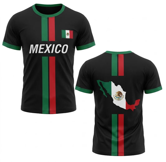 Svart Mexiko landslagströja med gröna och röda ränder, vit text MEXICO och karta över Mexiko på ryggen