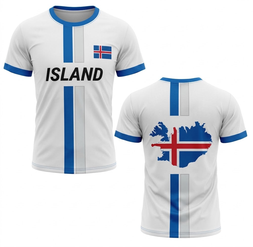 Vit Island landslagströja med blå ränder, svart text ISLAND och karta över Island på ryggen