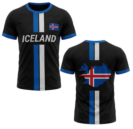 Svart Island landslagströja med blå och vita ränder, vit text ICELAND och karta över Island på ryggen