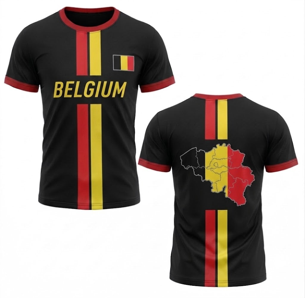 Svart Belgien landslagströja med röda och gula ränder, gul text BELGIUM och karta över Belgien på ryggen