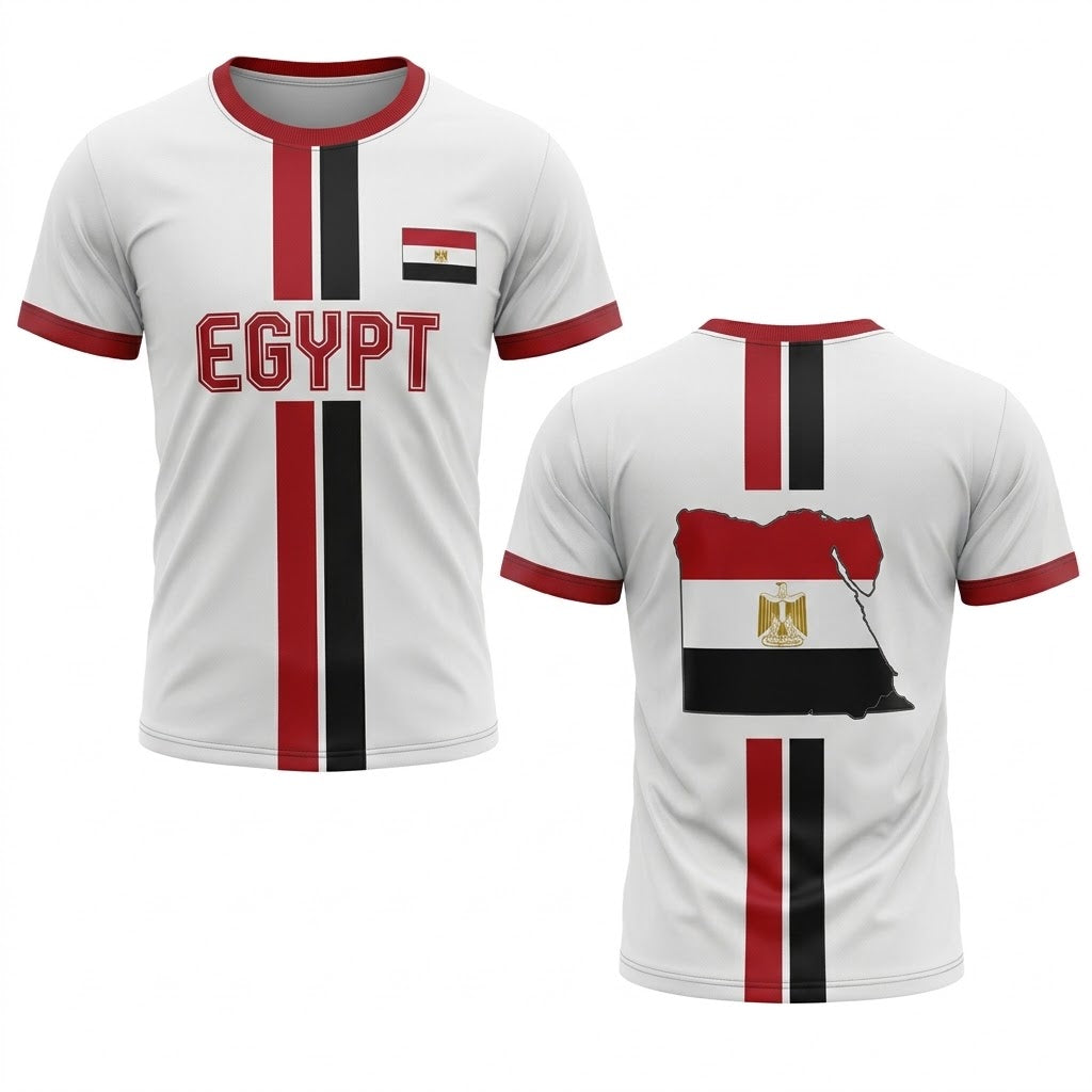 Vit Egypten landslagströja med röda och svarta ränder, röd text EGYPT och karta över Egypten på ryggen