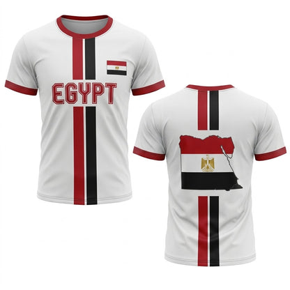 Vit Egypten landslagströja med röda och svarta ränder, röd text EGYPT och karta över Egypten på ryggen