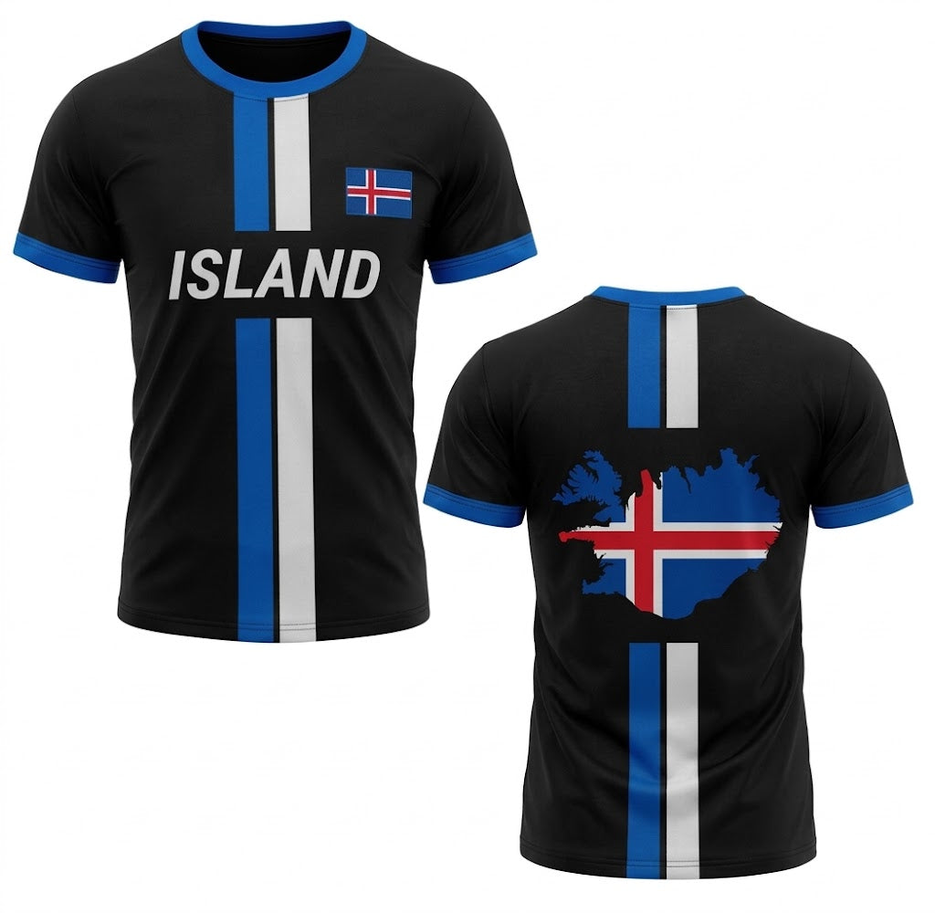 Svart Island landslagströja med blå ränder, vit text ISLAND och karta över Island på ryggen
