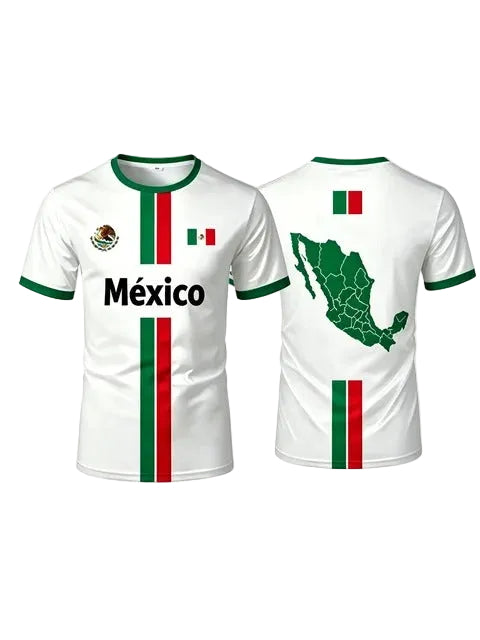 Vit Mexiko landslagströja med gröna och röda ränder, svart text México och karta över Mexiko på ryggen