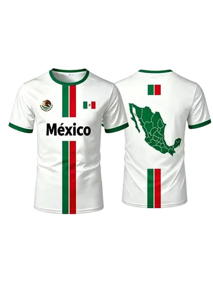 Vit Mexiko landslagströja med gröna och röda ränder, svart text México och karta över Mexiko på ryggen