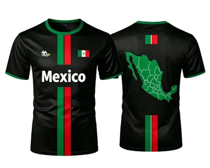 Svart Mexiko landslagströja med gröna och röda ränder, vit text Mexico och karta över Mexiko på ryggen