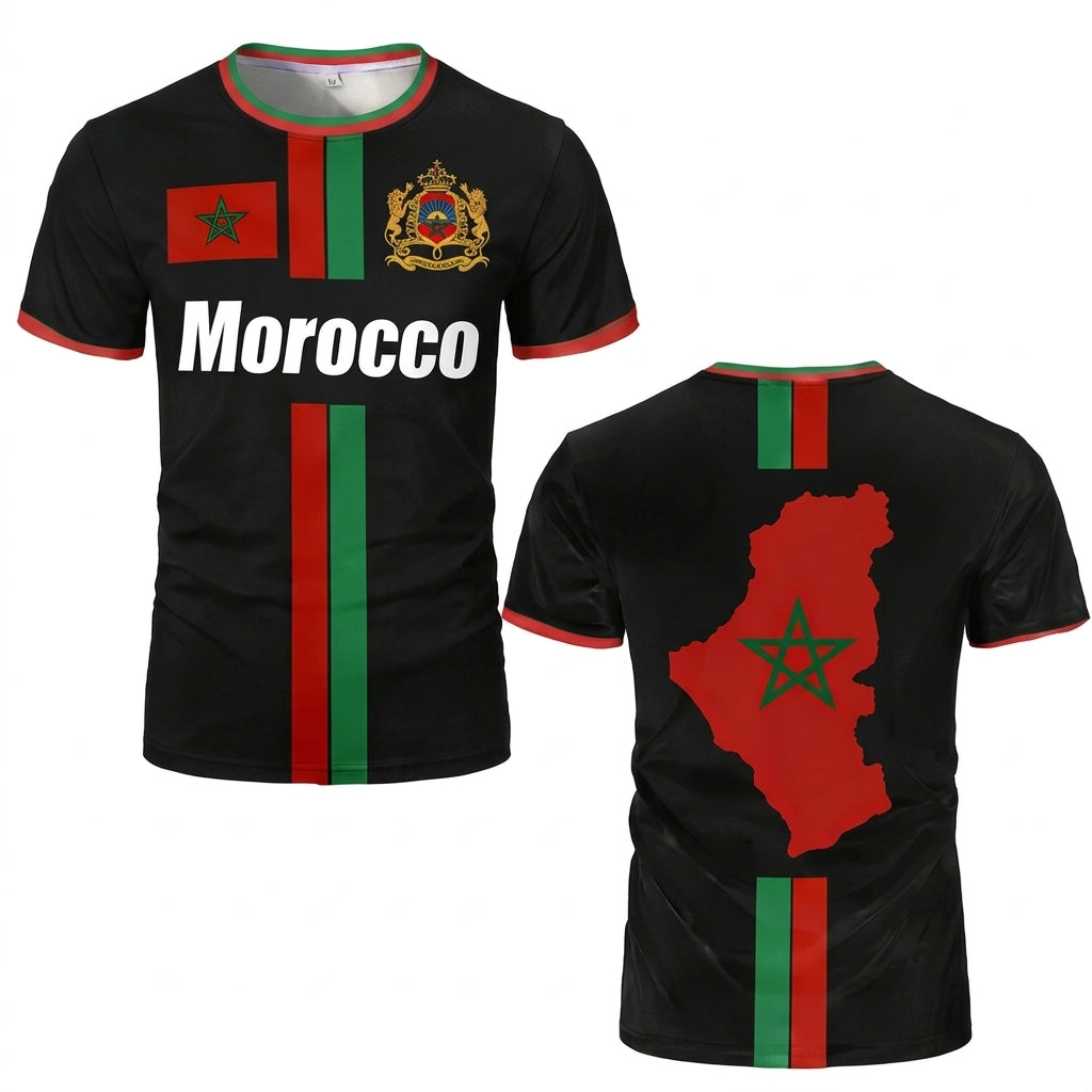 Svart Marocko landslagströja med röda och gröna ränder, vit text Morocco och karta över Marocko på ryggen