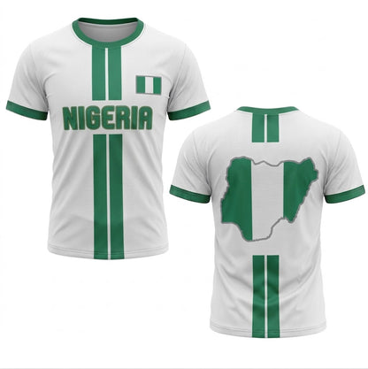 Vit Nigeria landslagströja med gröna ränder, grön text NIGERIA och karta över Nigeria på ryggen