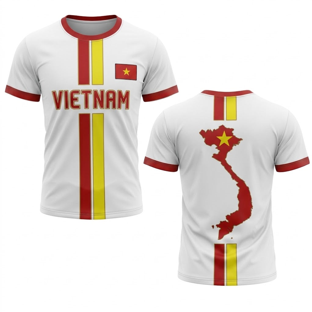 Vit Vietnam landslagströja med röda och gula ränder, röd text VIETNAM och karta över Vietnam med gul stjärna på ryggen