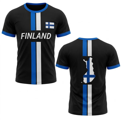 Svart Finland landslagströja med blå ränder, vit text FINLAND och karta över Finland på ryggen