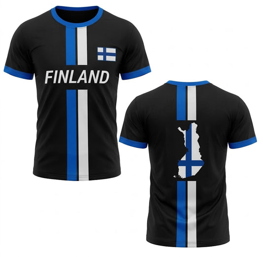 Svart Finland landslagströja med blå ränder, vit text FINLAND och karta över Finland på ryggen