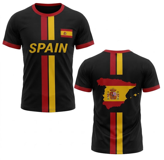 Svart Spanien landslagströja med röda och gula ränder, gul text SPAIN och karta över Spanien på ryggen
