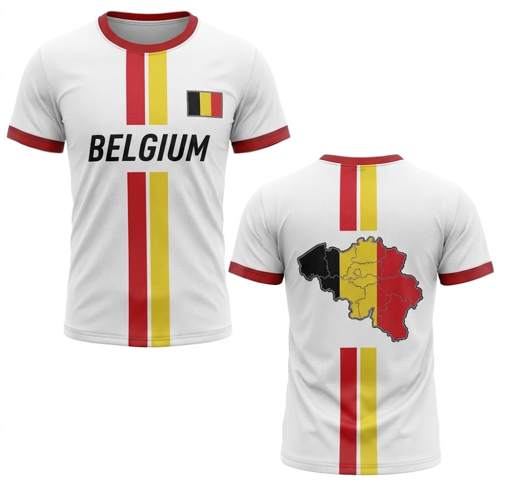 Vit Belgien landslagströja med röda och gula ränder, svart text BELGIUM och karta över Belgien på ryggen