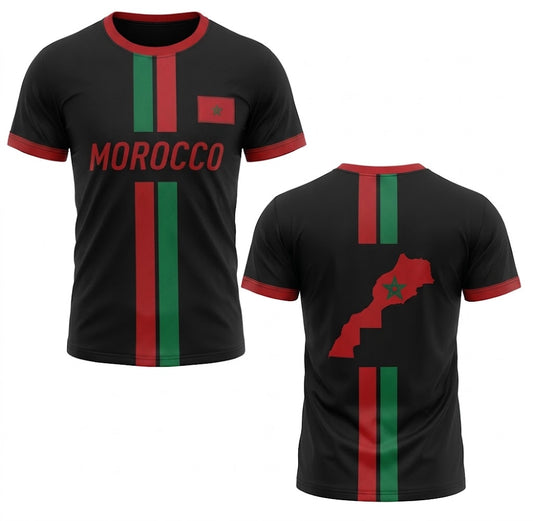 Svart Marocko landslagströja med röda och gröna ränder, röd text MOROCCO och karta över Marocko på ryggen