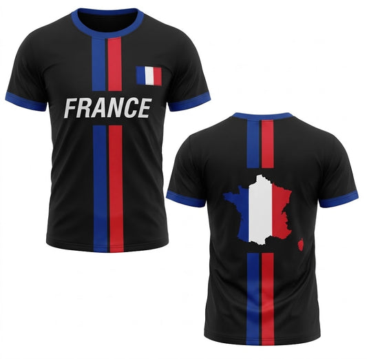 Svart Frankrike landslagströja med blå och röda ränder, vit text FRANCE och karta över Frankrike på ryggen