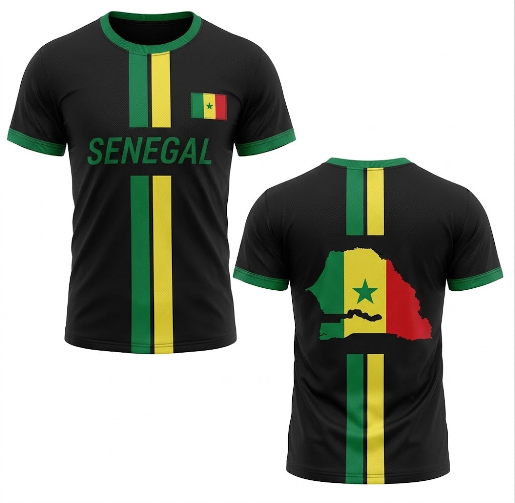 Svart Senegal landslagströja med gröna och gula ränder, grön text SENEGAL och karta över Senegal på ryggen