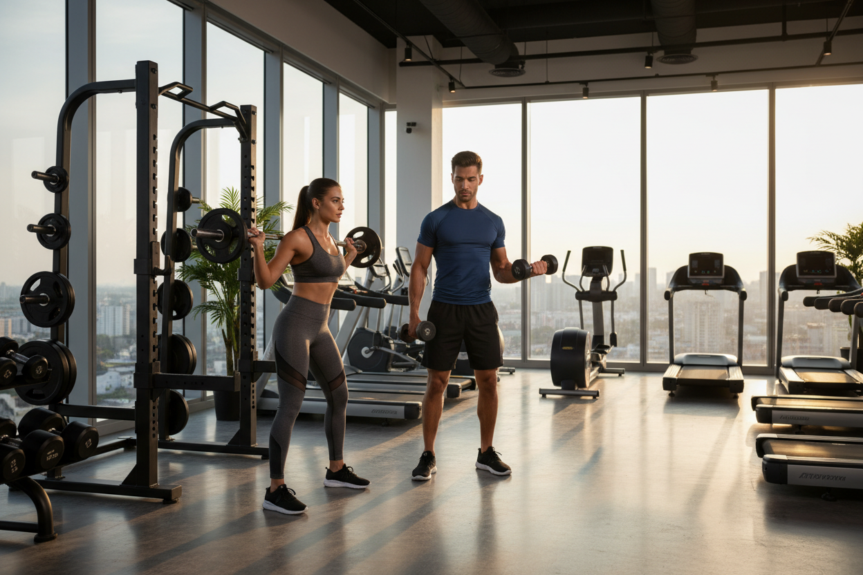 Skapa en bild med en tjej och en kille som gymmar i ett ljust gym